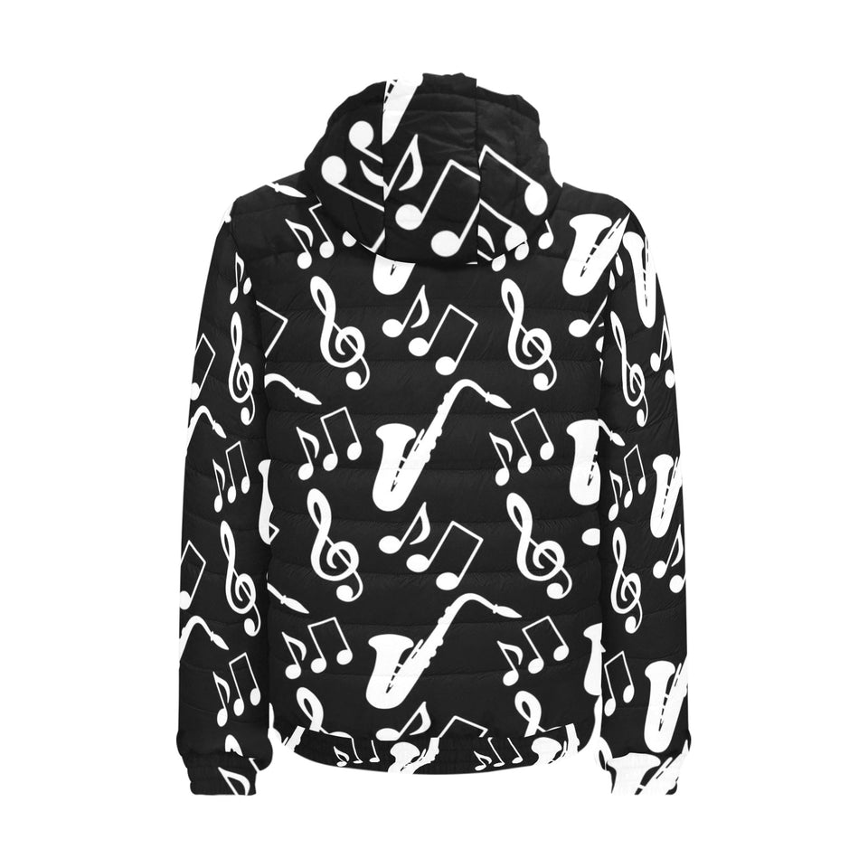 Saxophone music notes treble clef black white them Men's Padded Hooded Jacket