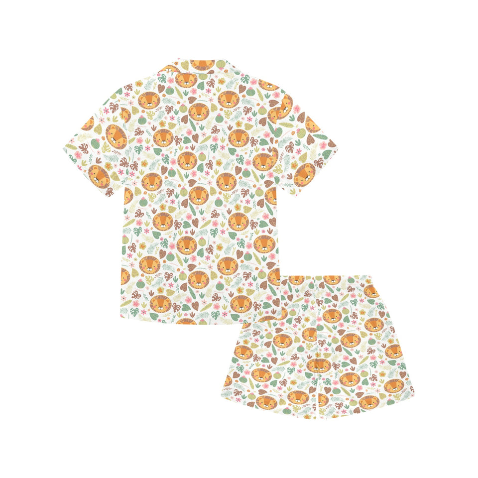 Lion Pattern Print Design 04 Kids' Boys' Girls' V-Neck Short Pajama Set