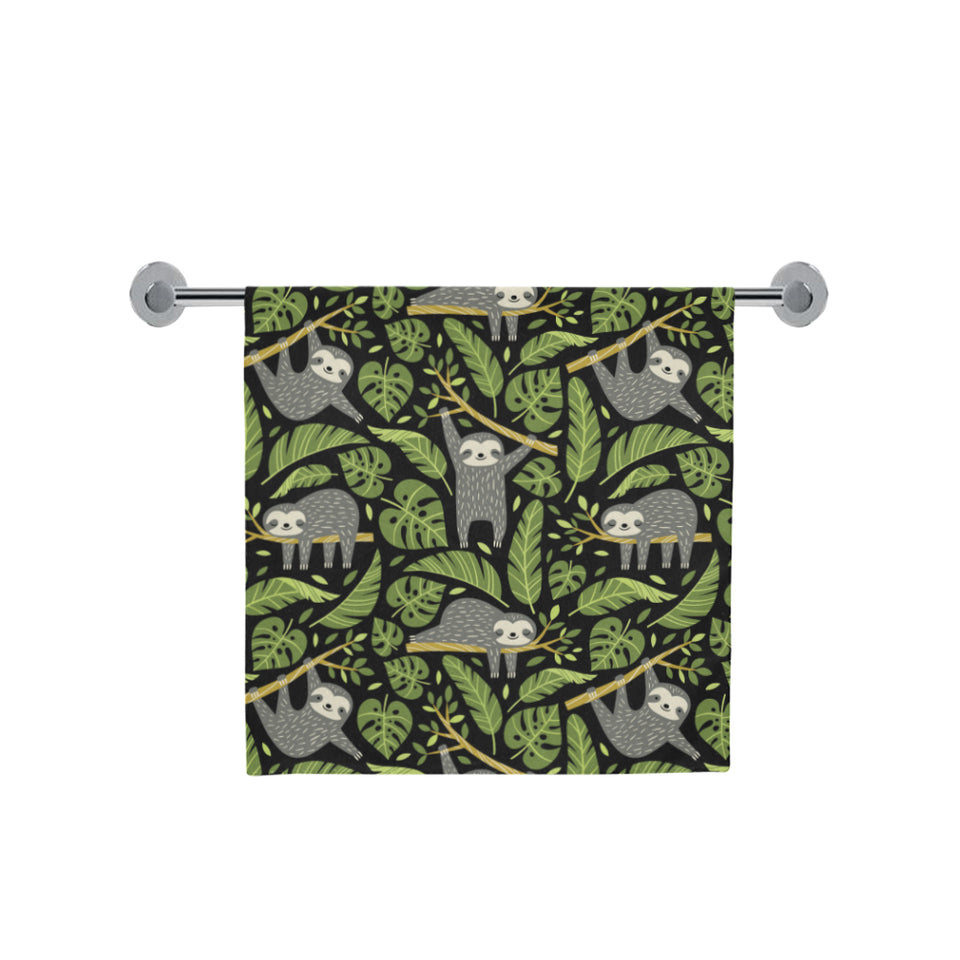 Cute sloths tropical palm leaves black background Bath Towel