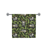 Cute sloths tropical palm leaves black background Bath Towel
