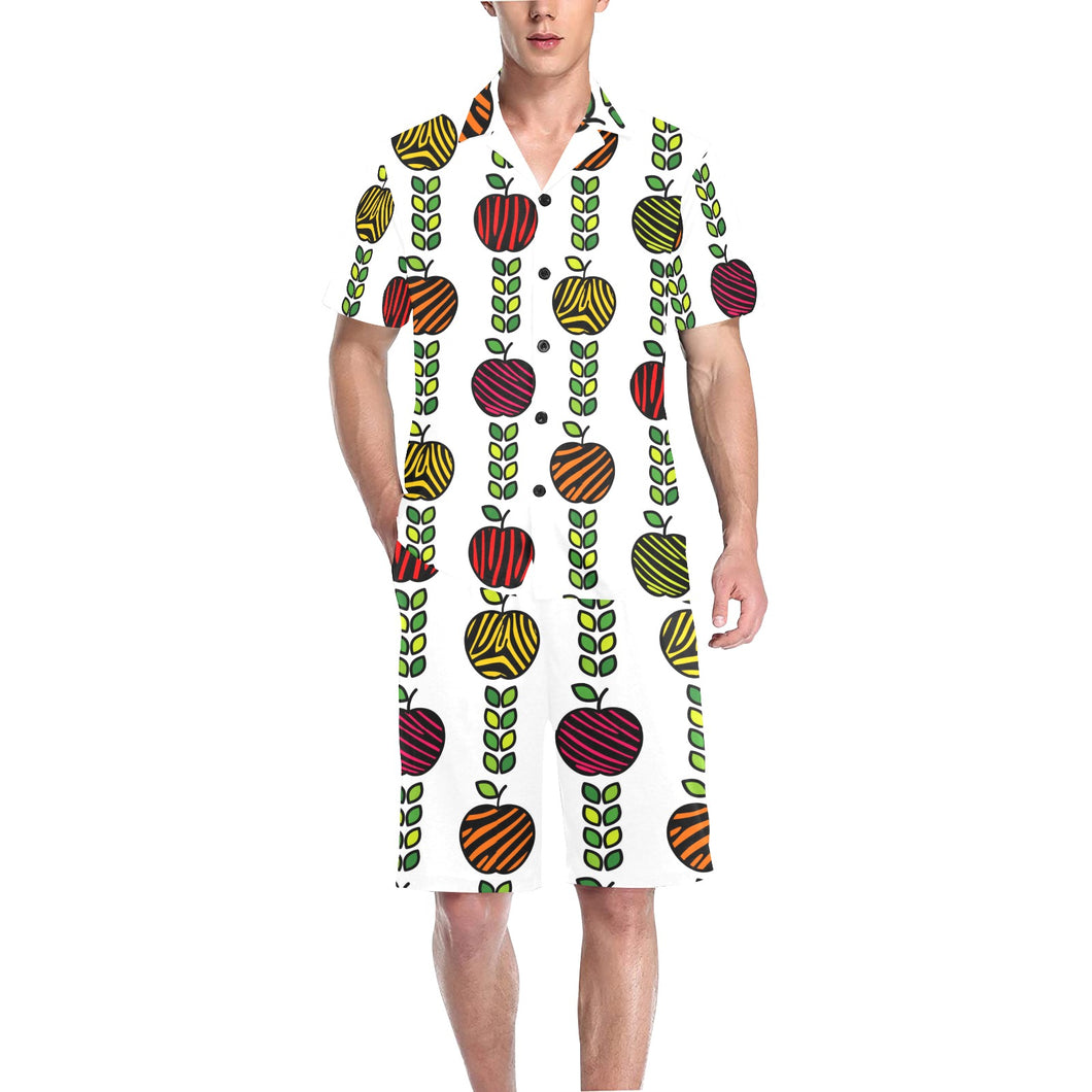 colorful apples leave zebra stripe Men's V-Neck Short Pajama Set