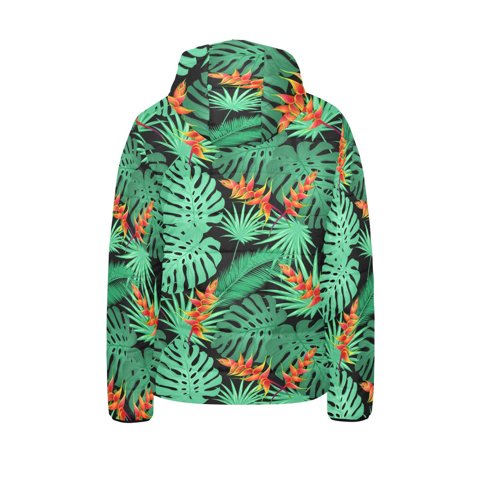 heliconia flower palm monstera leaves black backgr Kids' Boys' Girls' Padded Hooded Jacket