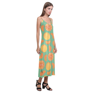 orange fruit pattern green background V-Neck Open Fork Long Dress