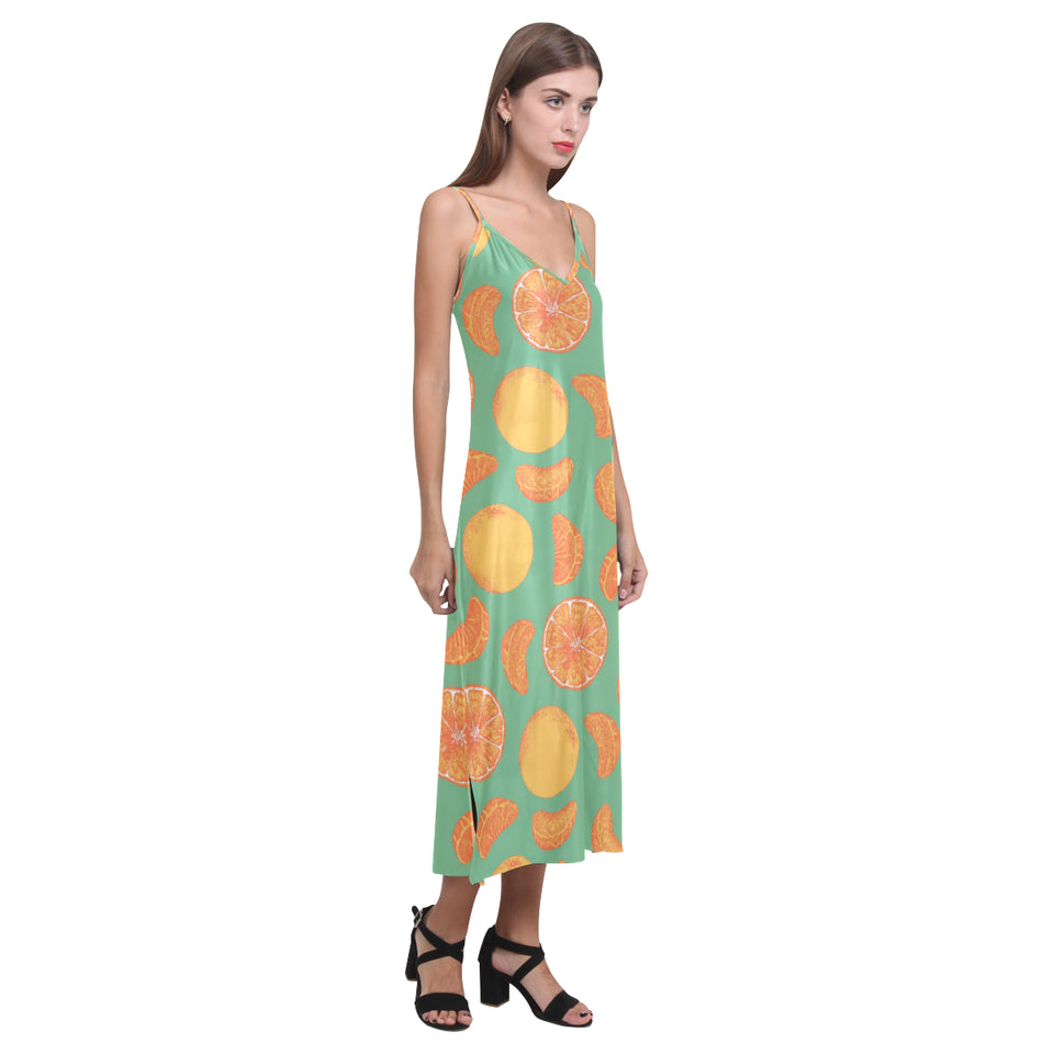 orange fruit pattern green background V-Neck Open Fork Long Dress
