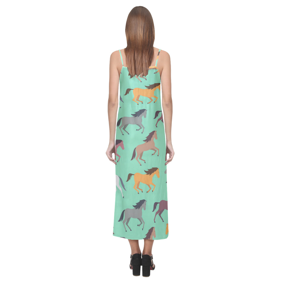 Colorful horses pattern V-Neck Open Fork Long Dress