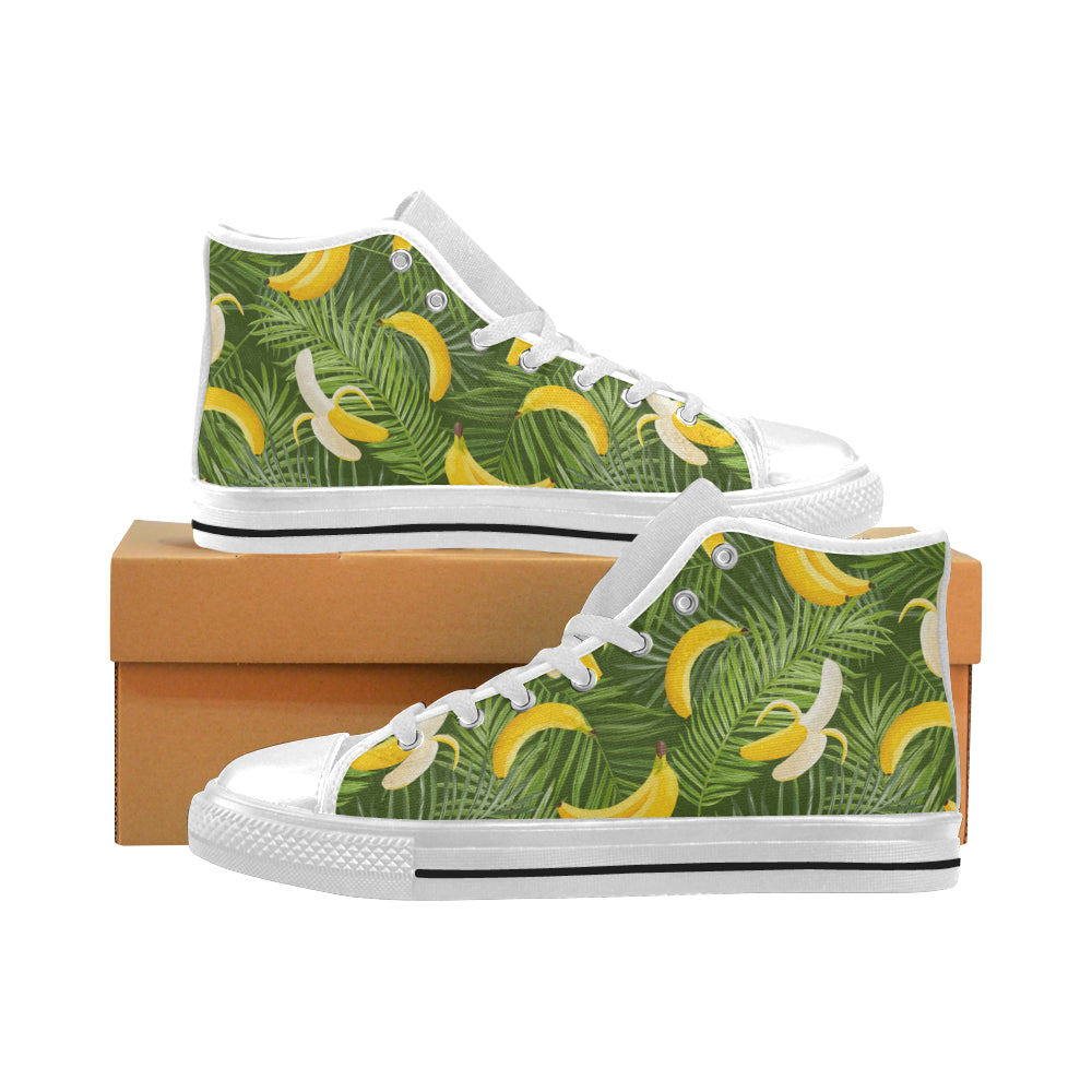 Banana Palm Leaves pattern Men's High Top Canvas Shoes White