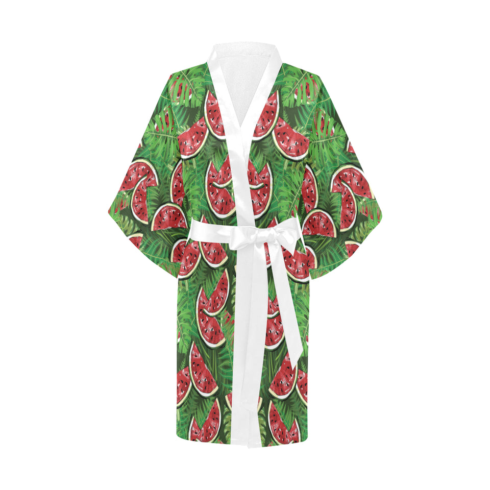 Watermelons tropical palm leaves pattern backgroun Women's Short Kimono Robe
