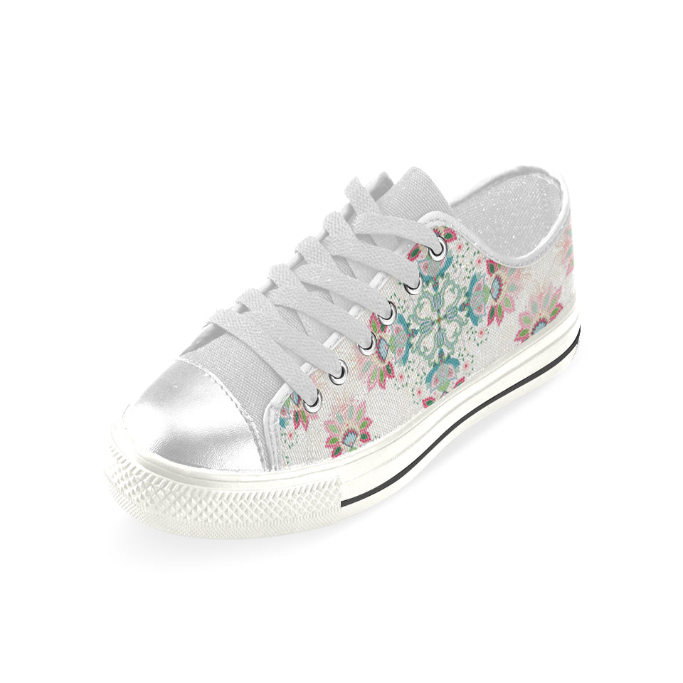 Square floral indian flower pattern Women's Low Top Canvas Shoes White