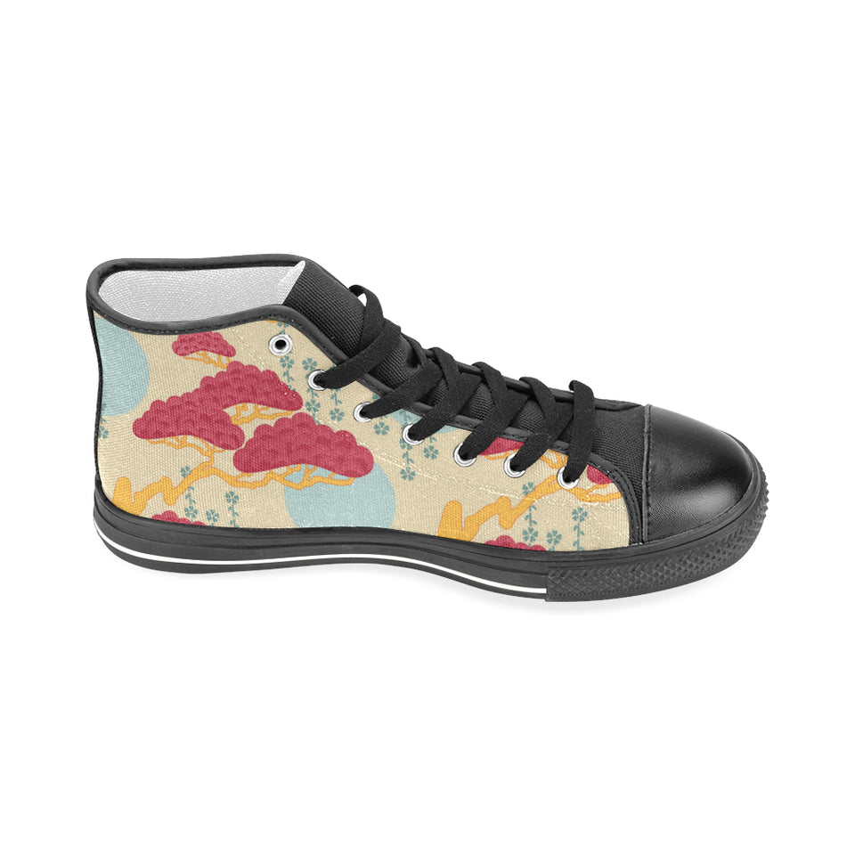 Red Bonsai gray sun japanese pattern Men's High Top Canvas Shoes Black