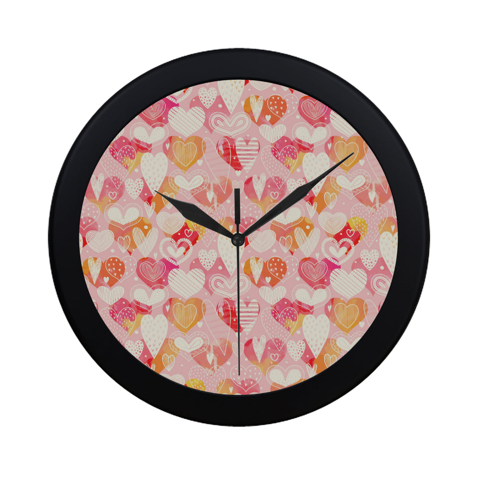 Hand drawn heart design pattern Elegant Black Wall Clock