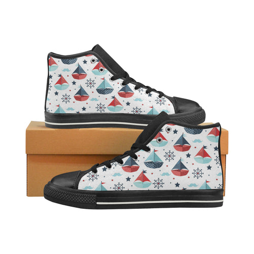 Cute color paper sailboat pattern Women's High Top Canvas Shoes Black