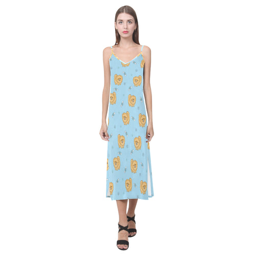 Brown cute pomeranian blue blackground V-Neck Open Fork Long Dress