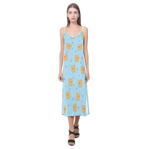 Brown cute pomeranian blue blackground V-Neck Open Fork Long Dress