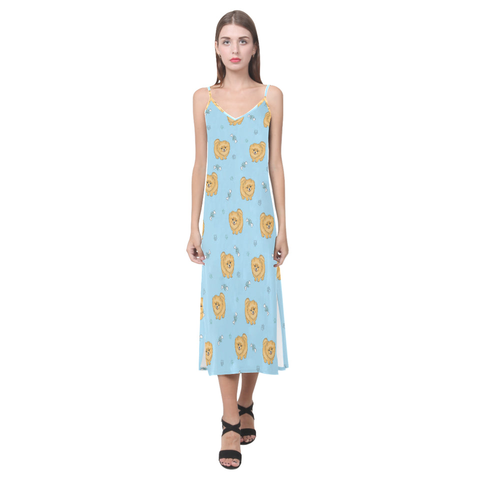 Brown cute pomeranian blue blackground V-Neck Open Fork Long Dress