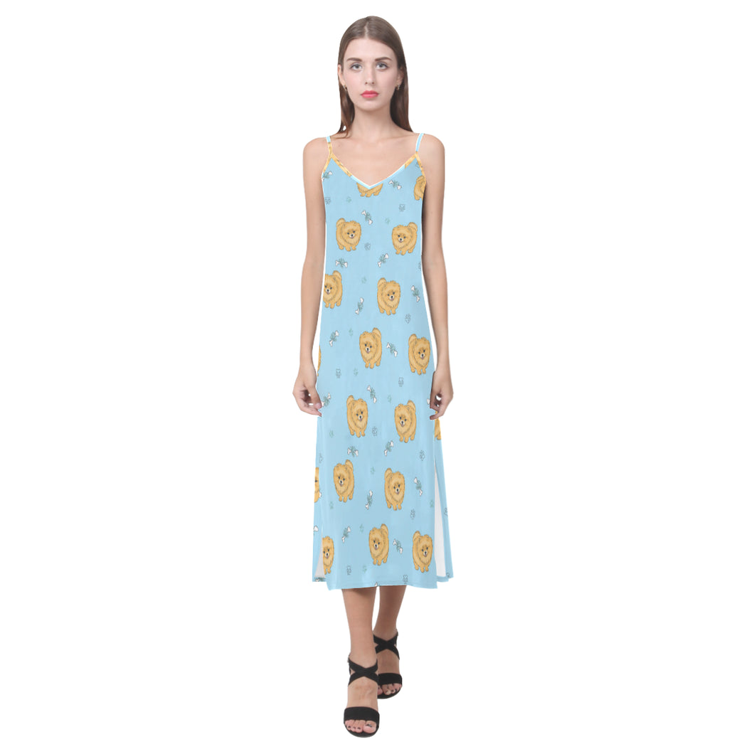Brown cute pomeranian blue blackground V-Neck Open Fork Long Dress