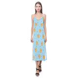 Brown cute pomeranian blue blackground V-Neck Open Fork Long Dress