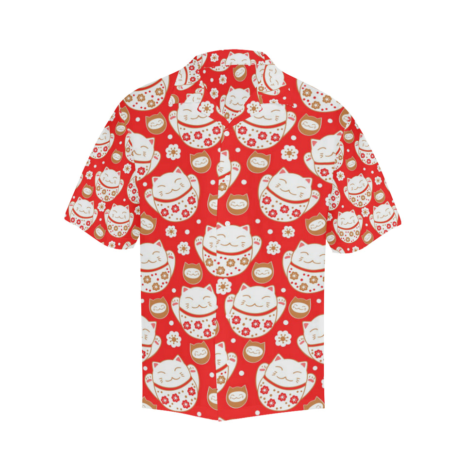 Cute Maneki neko cat red background Men's All Over Print Hawaiian Shirt