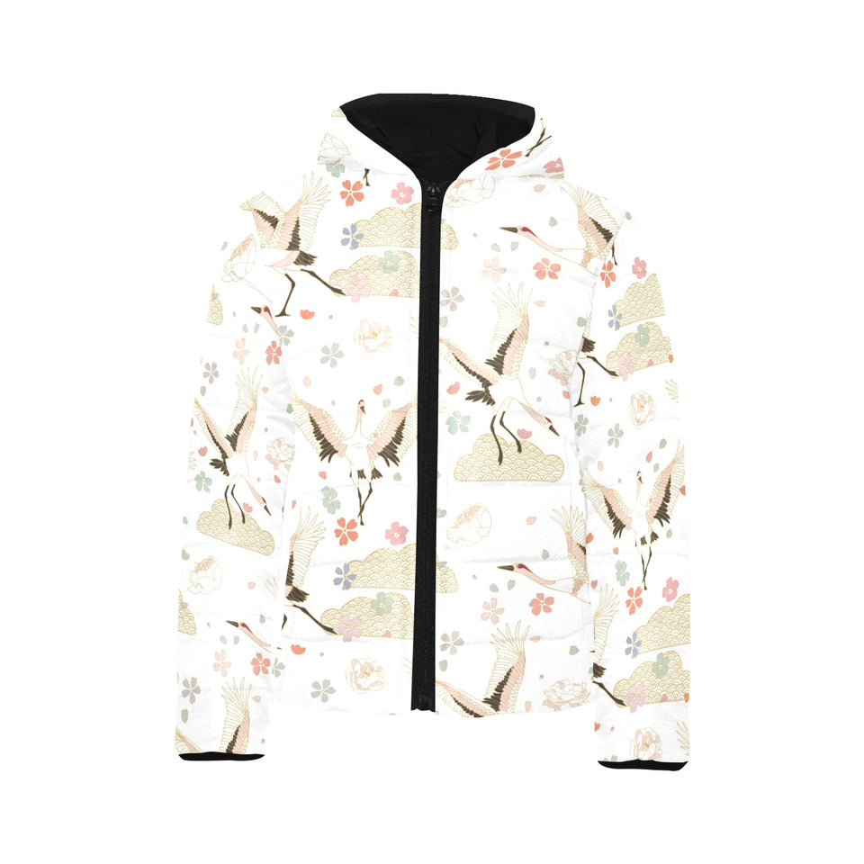 Beautiful Japanese cranes pattern Kids' Boys' Girls' Padded Hooded Jacket