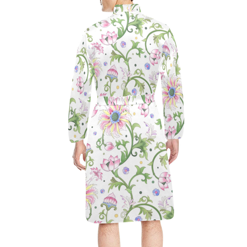 Beautiful pink lotus waterlily leaves pattern Men's Long Sleeve Belted Night Robe