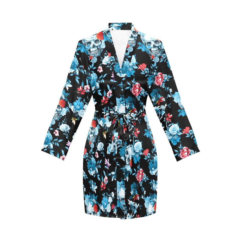 Skull flower roses leave pattern Women's Long Sleeve Belted Night Robe