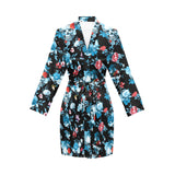 Skull flower roses leave pattern Women's Long Sleeve Belted Night Robe