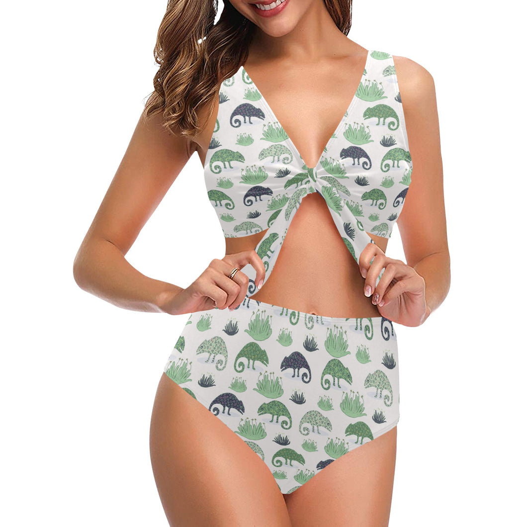 Chameleon lizard succulent plant pattern Chest Bowknot High Waisted Bikini Swimsuit