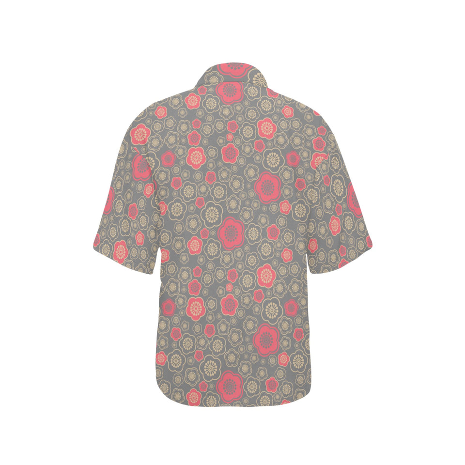 Red gold Sakura cherry blossom gray background Women's All Over Print Hawaiian Shirt