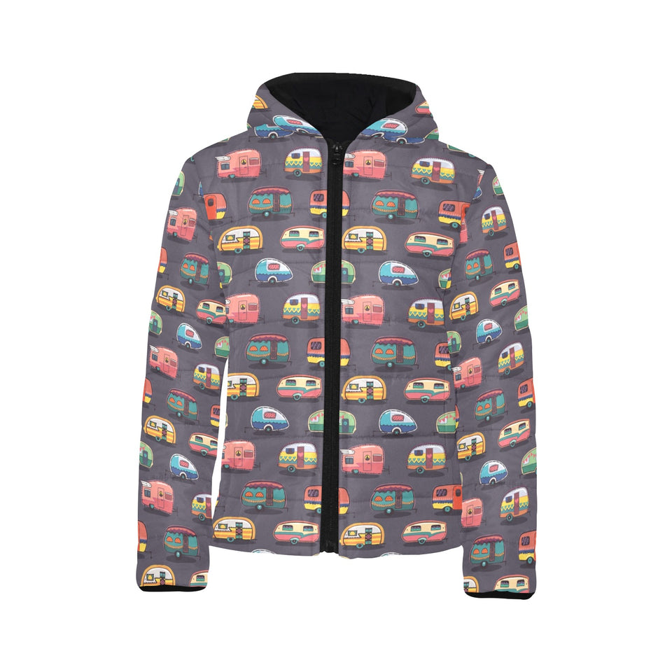 Camper Van Pattern Print Design 02 Kids' Boys' Girls' Padded Hooded Jacket