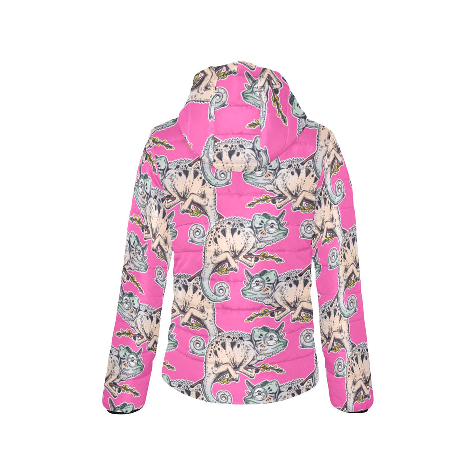Chameleon lizard pattern pink background Women's Padded Hooded Jacket