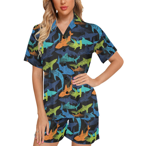 Colorful shark Women's V-Neck Short Pajama Set