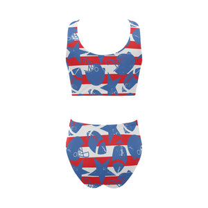 American football ball star stripes pattern Chest Bowknot High Waisted Bikini Swimsuit