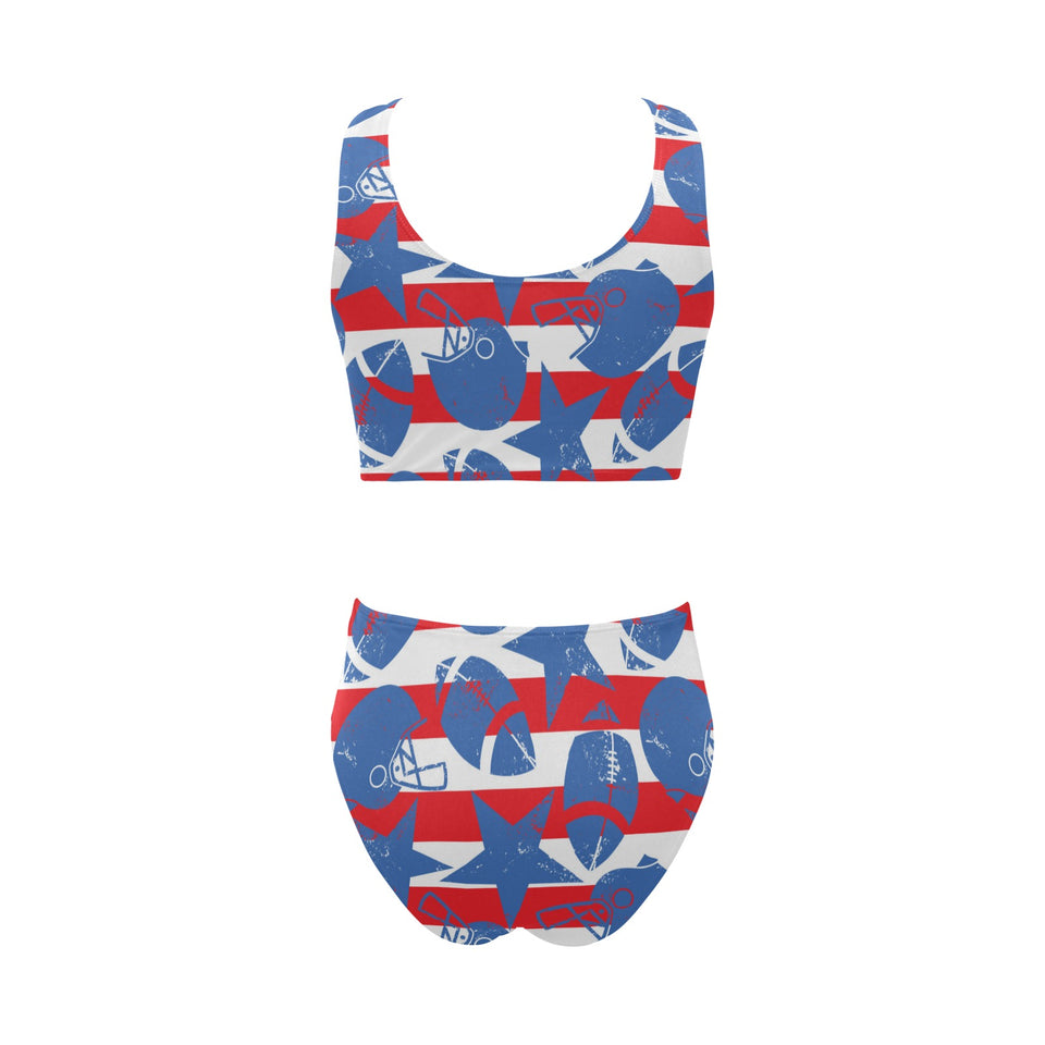 American football ball star stripes pattern Chest Bowknot High Waisted Bikini Swimsuit