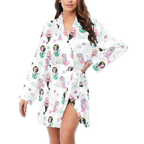cute mermaid dolphin fish starfish pattern Women's Long Sleeve Belted Night Robe