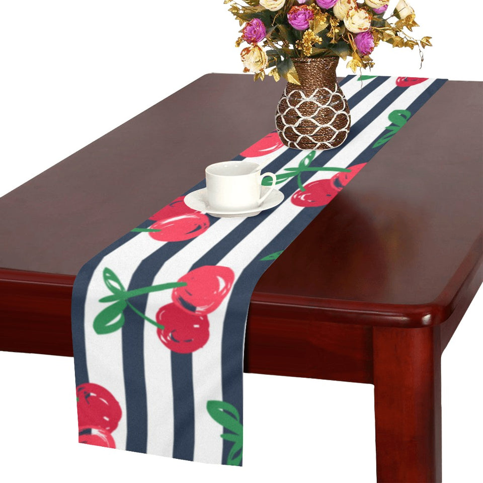 Hand drawn cherry pattern striped background Table Runner