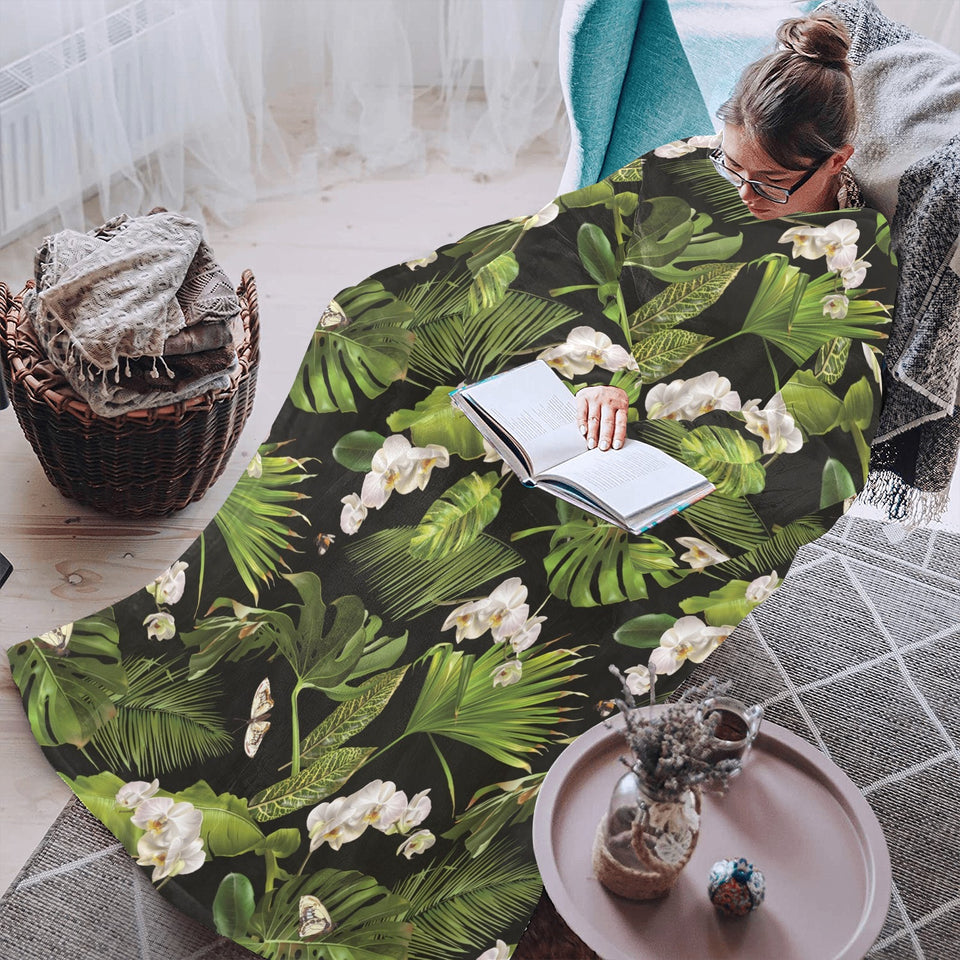 White orchid flower tropical leaves pattern blackg Blanket Robe with Sleeves