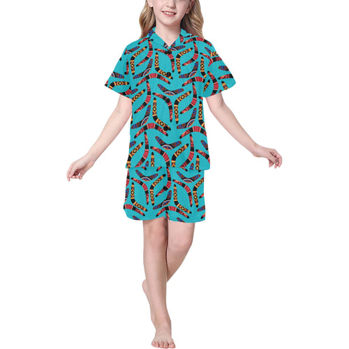 Boomerang Australian aboriginal ornament blue back Kids' Boys' Girls' V-Neck Short Pajama Set