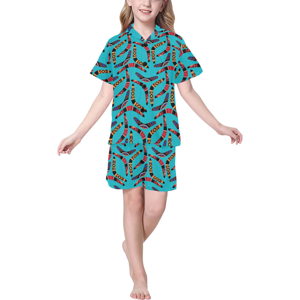 Boomerang Australian aboriginal ornament blue back Kids' Boys' Girls' V-Neck Short Pajama Set