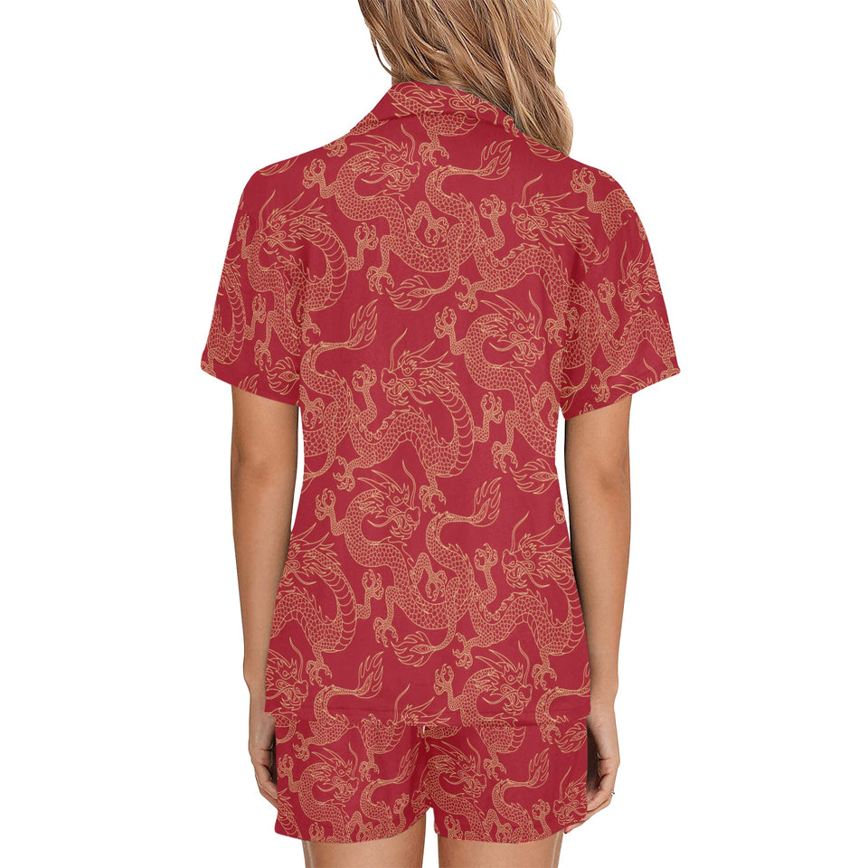 Gold dragons red background Women's V-Neck Short Pajama Set