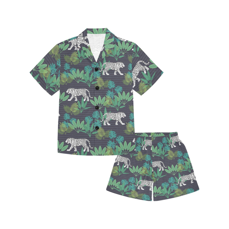white bengal tigers tropical plant Kids' Boys' Girls' V-Neck Short Pajama Set