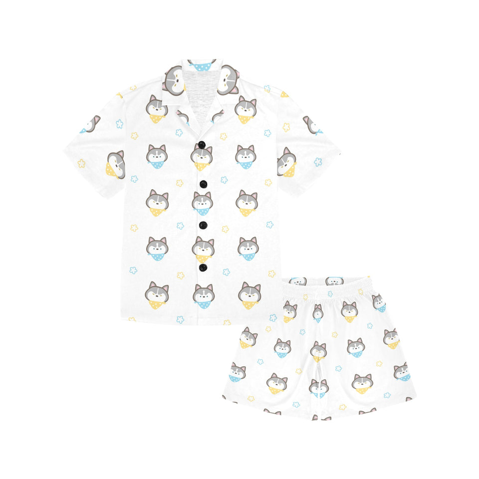 Cute Siberian Husky pattern Kids' Boys' Girls' V-Neck Short Pajama Set