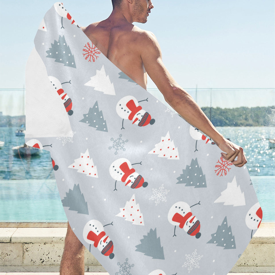 Snowman christmas tree snow gray background Beach Towel