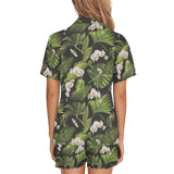 White orchid flower tropical leaves pattern blackg Women's V-Neck Short Pajama Set