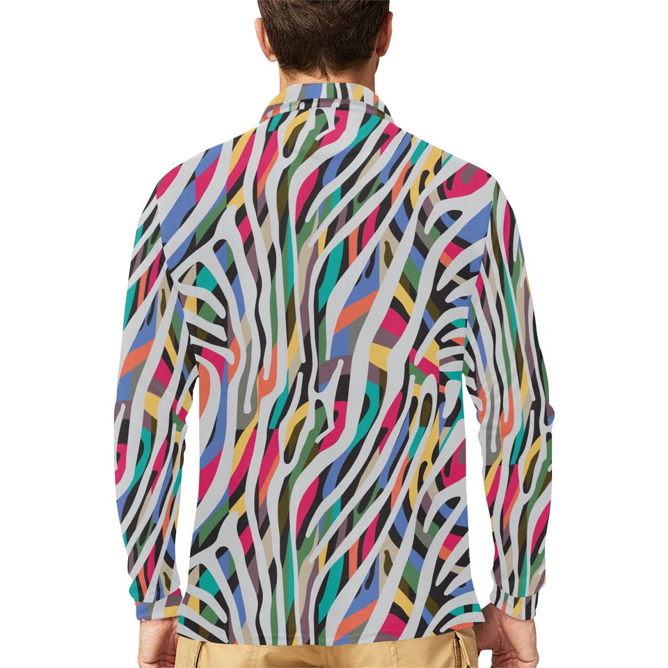 Colorful zebra skin pattern Men's Long Sleeve Polo Shirt