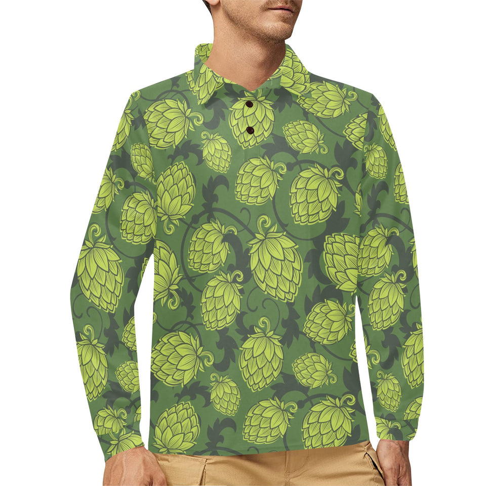 Hop pattern Hop cone background Men's Long Sleeve Polo Shirt