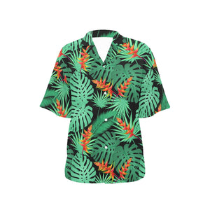 heliconia flower palm monstera leaves black backgr Women's All Over Print Hawaiian Shirt
