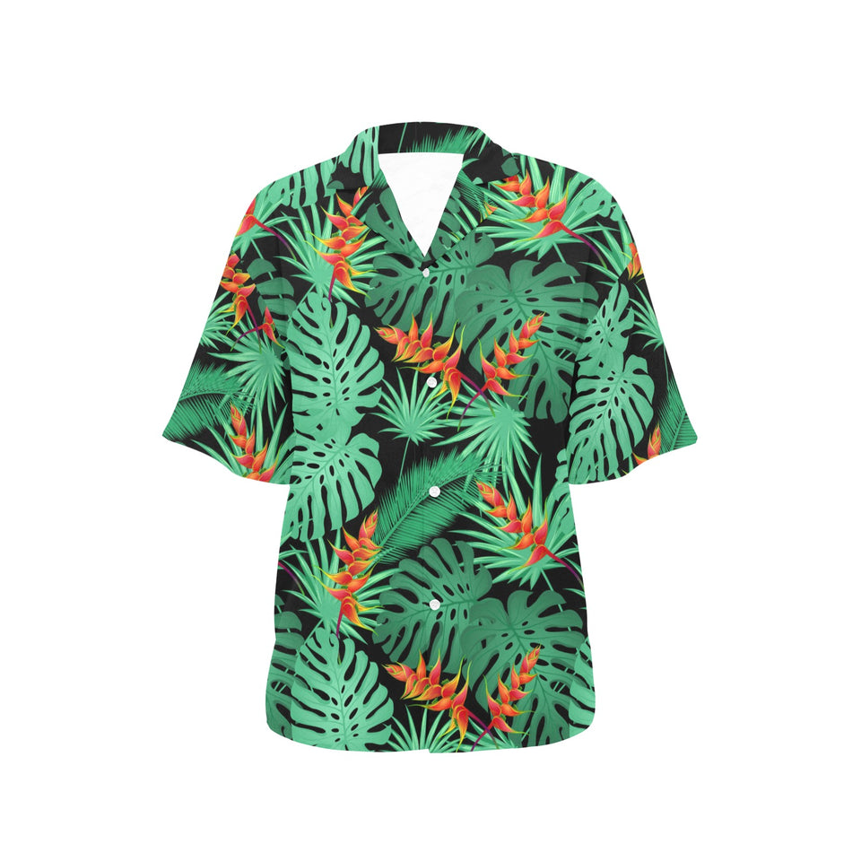 heliconia flower palm monstera leaves black backgr Women's All Over Print Hawaiian Shirt