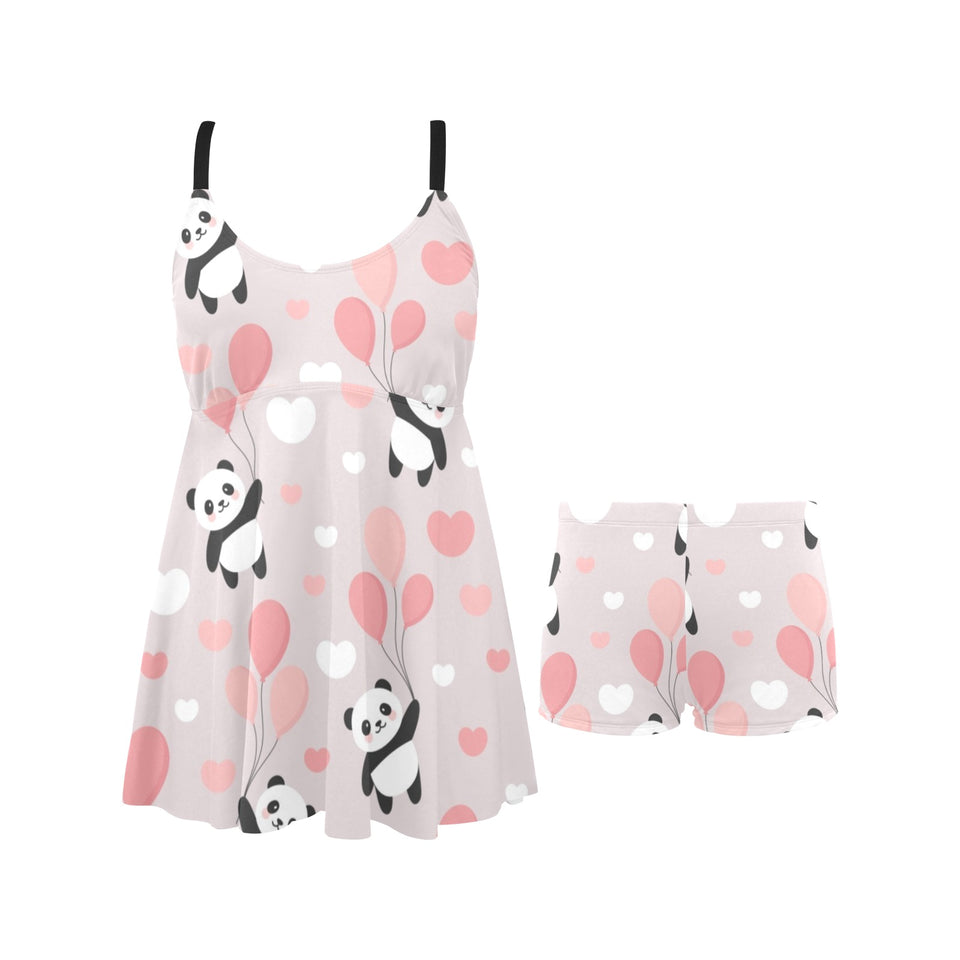 Cute panda ballon heart pattern Chest Sexy Pleated Two Piece Swim Dress