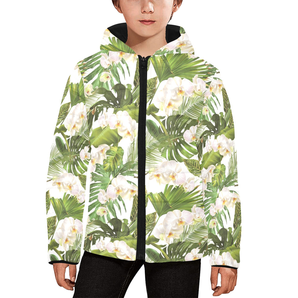 White orchid flower tropical leaves pattern Kids' Boys' Girls' Padded Hooded Jacket