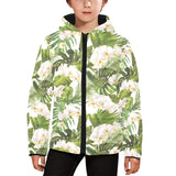 White orchid flower tropical leaves pattern Kids' Boys' Girls' Padded Hooded Jacket