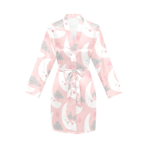 Cute moon cloud star pattern pink dot background Women's Long Sleeve Belted Night Robe